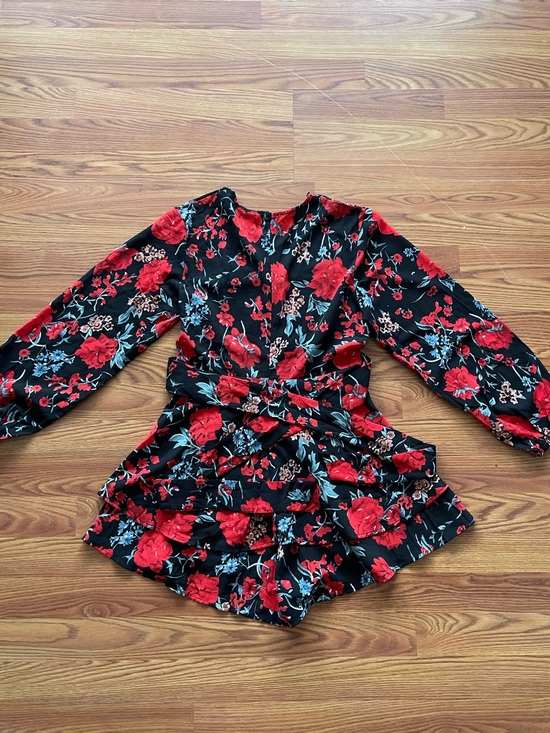 Pants - Black Floral Long Sleeve V-Neck Romper with Tie Waist